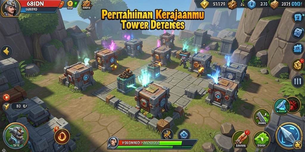Screenshot gameplay menampilkan menara dan musuh di 68IDN.