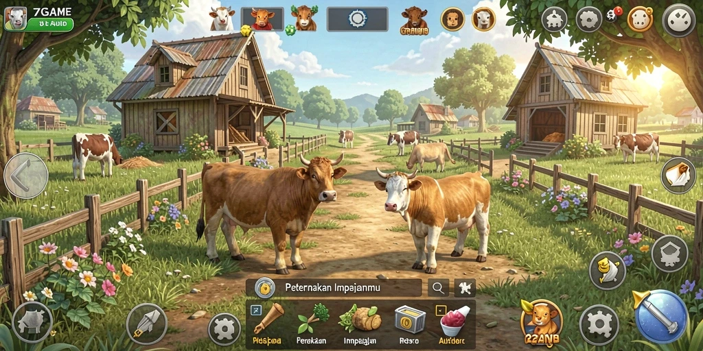 Tampilan utama gameplay 7GAME dengan aktivitas bertani yang menyenangkan.