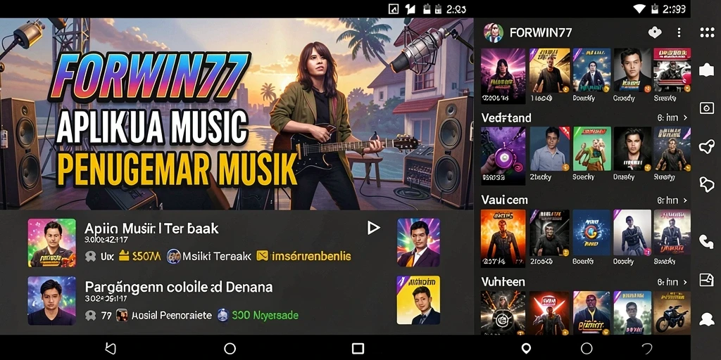 Tampilan gameplay FORWIN77 dengan fitur mendengarkan musik dan melihat lirik.