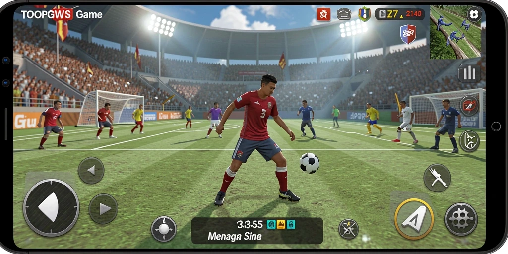 Screenshot gameplay TOOPGWS yang menampilkan pertarungan sengit di arena olahraga.